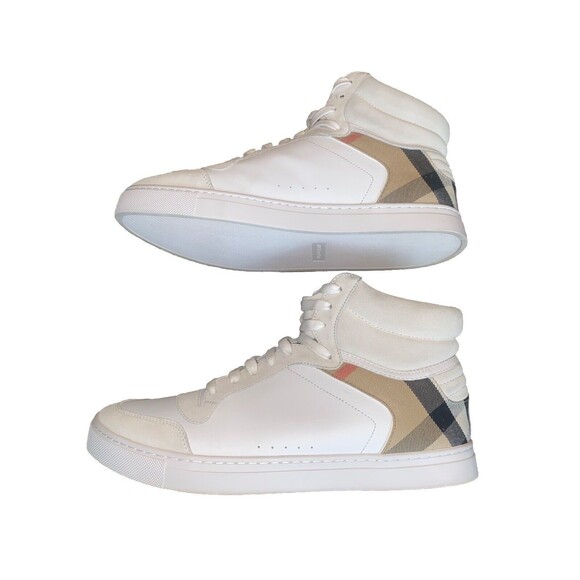 Burberry - Men's Reeth Leather House Check High-Top Sneakers White Size 12 - Picture 7 of 16